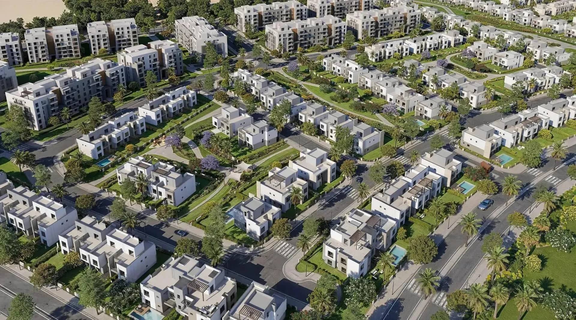 Tree-lined streets and green courts from above